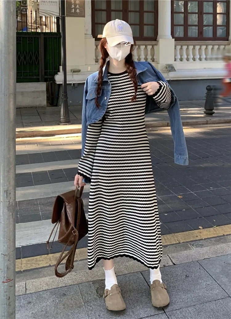 Elegant Workwear Striped Knit Long