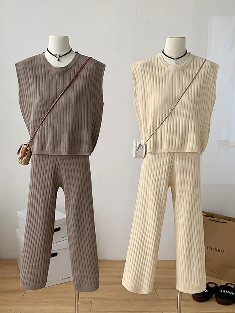 Wide leg pants knitted vest two-piece set