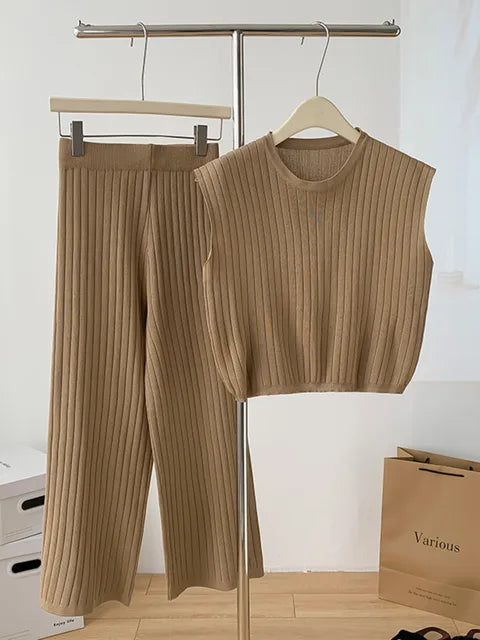 Wide leg pants knitted vest two-piece set