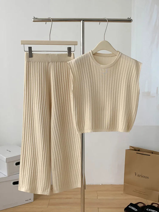 Wide leg pants knitted vest two-piece set