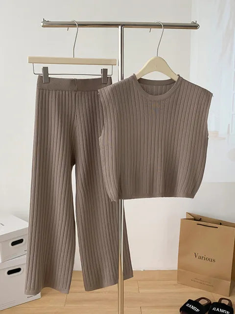 Wide leg pants knitted vest two-piece set