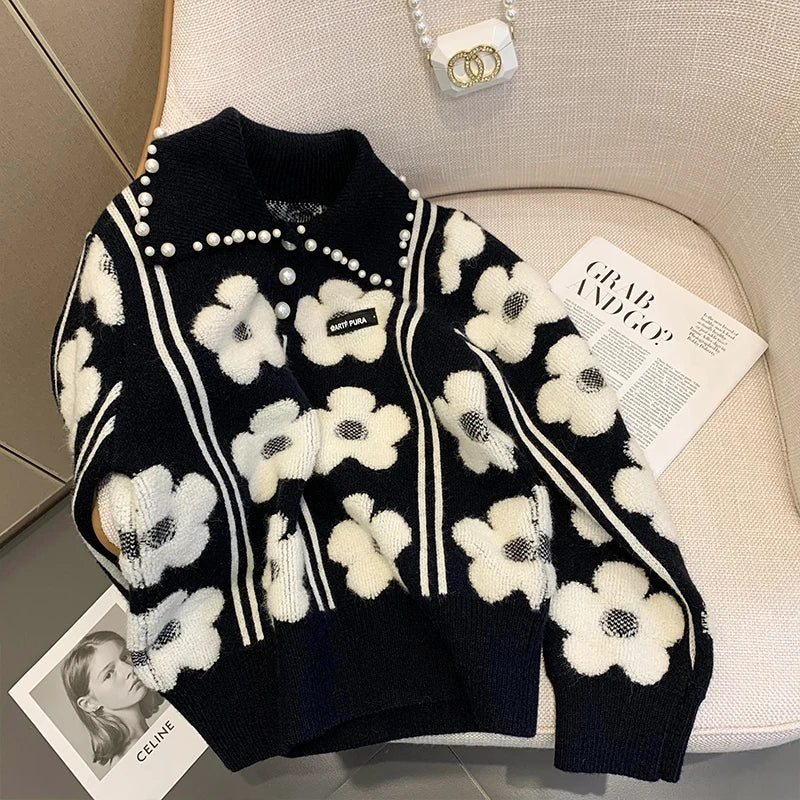 Pearl Beading Floral Knitted Women