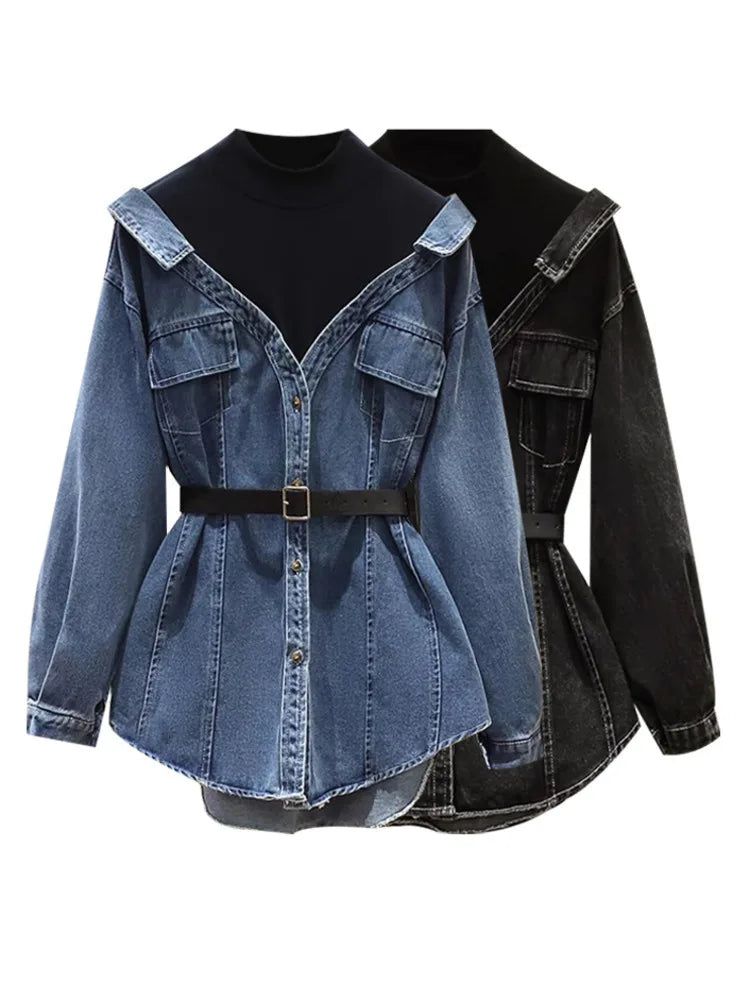 Fashion Women's Fake 2 Pcs Denim Coat Belt Lapel