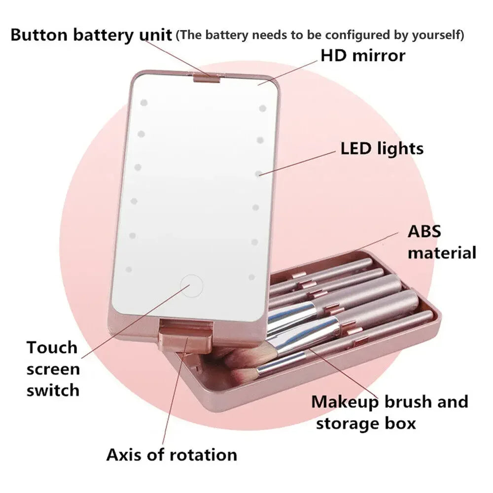 LED Folding Rotating Cosmetic Mirror Box with Brush