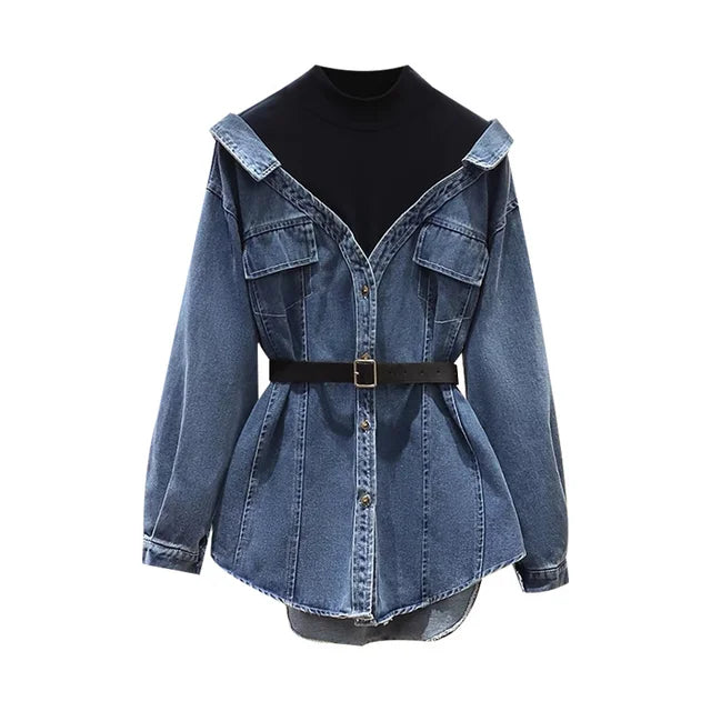 Fashion Women's Fake 2 Pcs Denim Coat Belt Lapel