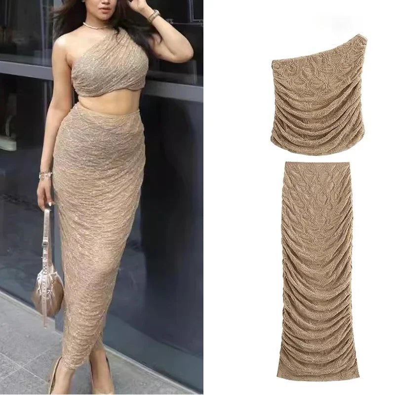 Sequins Long Skirt Sets for Women 2 Pieces Sexy Backless Single Shoulder Crop Tops Fashion Vintage Elegant Party Women Suit New