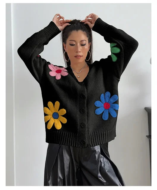 Women Loose-fit Embroidered Flower Cardigan Sweater Thick Casual Open Front Cardigan for Autumn and Winter