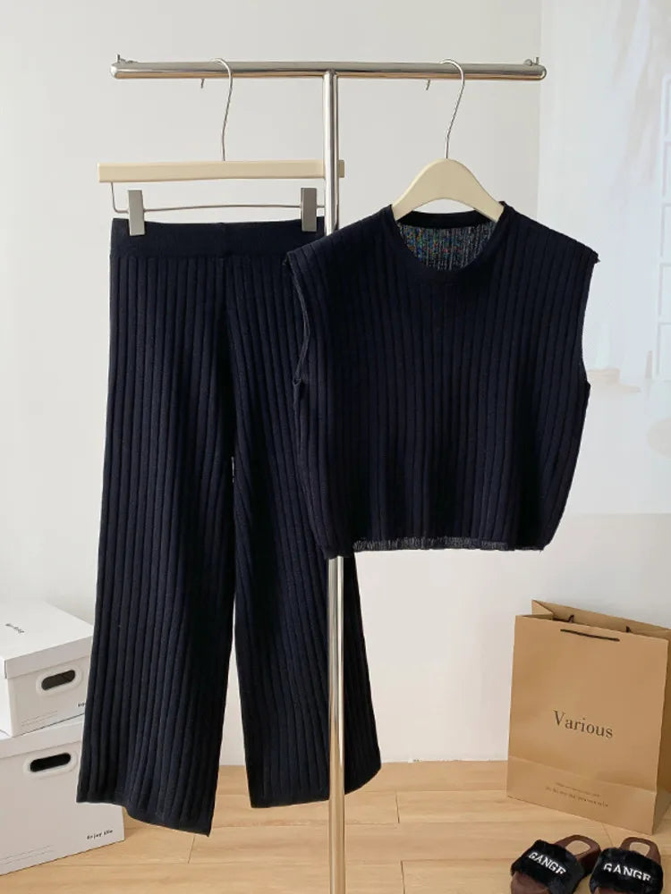 Wide leg pants knitted vest two-piece set
