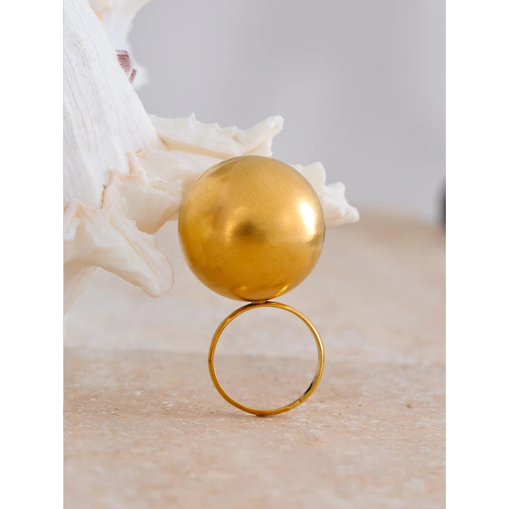 Stylish Unique Stainless Steel 26mm Big Ball Adjustable 18K Gold Color Ring Waterproof Personalized Finger Jewelry Gift