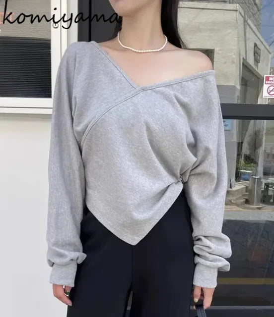 V-neck Off Shoulder Hoodie Long Sleeve Hoodies Irregular Hem Clothes Korean Chic Ropa Mujer Vintage Sudaderas All-match Roupas