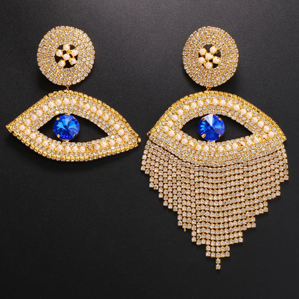 Stonefans Exaggerated Blue Eye Earrings Jewelry Newest Oversize Irregular Evil Eye Rhinestone Tassel Statement Stud Earrings