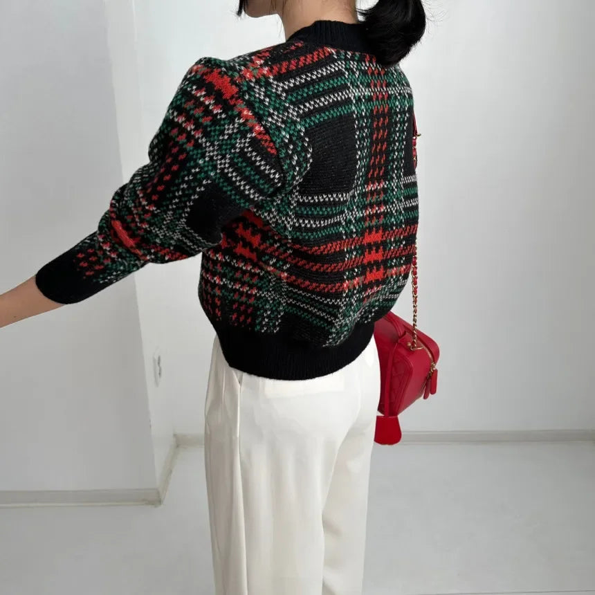 Sweater Coat Women Striped Plaid Print Knitwear