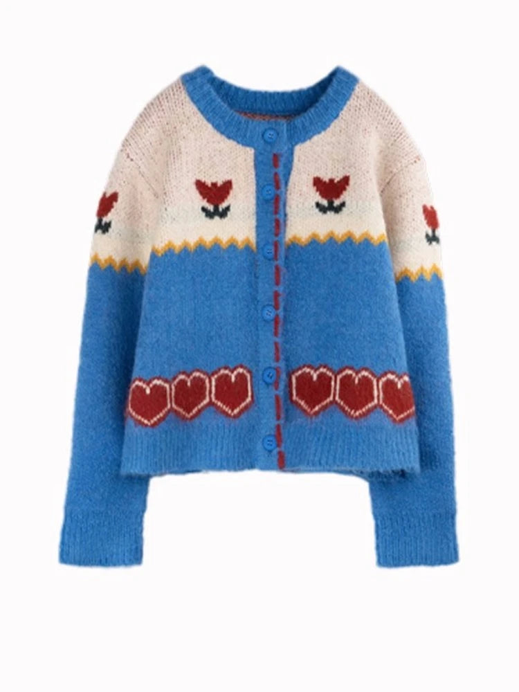 Sweater jacket for women contrasting retro Japanese jacquard top knitted cardigan