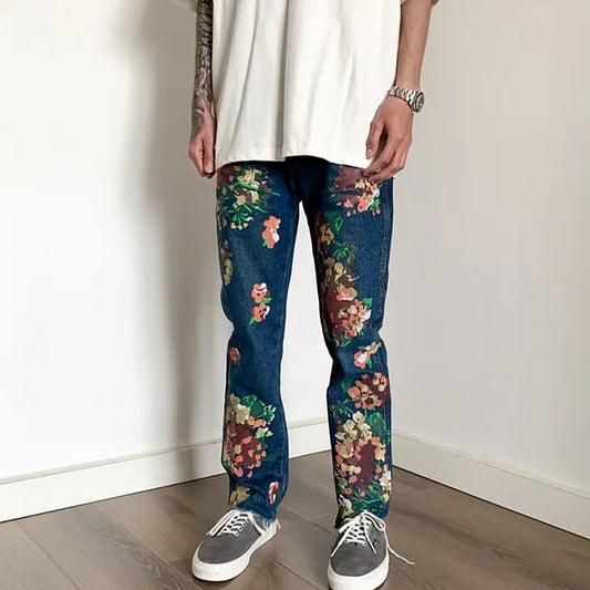 Style hand-painted floral graffiti fringed small straight leg men's trendy jeans