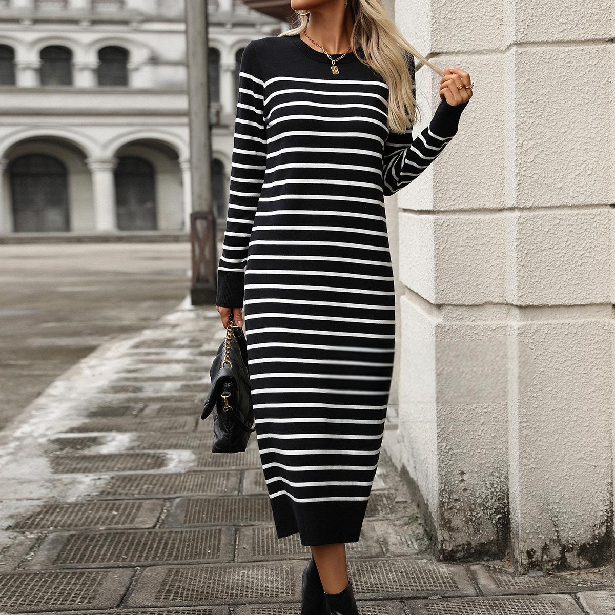 women's knitted sweater with striped long skirt