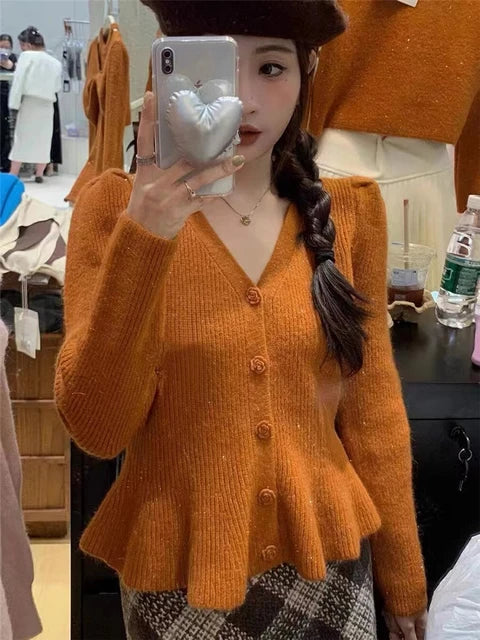 Winter Orange  Sweater Cardigan Fashion Women