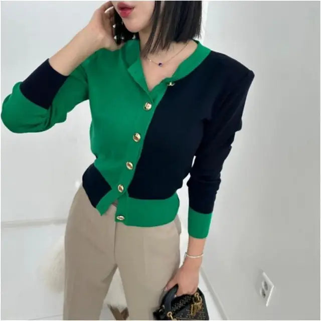 Sweater Women Color-blocked Gold Buttons