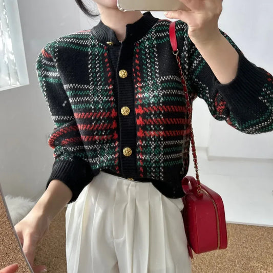 Sweater Coat Women Striped Plaid Print Knitwear