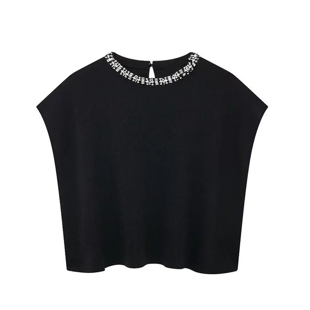 Versatile rhinestone bead solid color knitted top