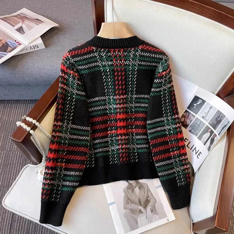 Sweater Coat Women Striped Plaid Print Knitwear