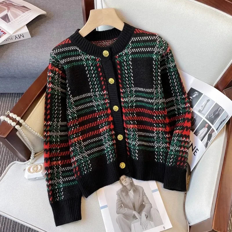 Sweater Coat Women Striped Plaid Print Knitwear