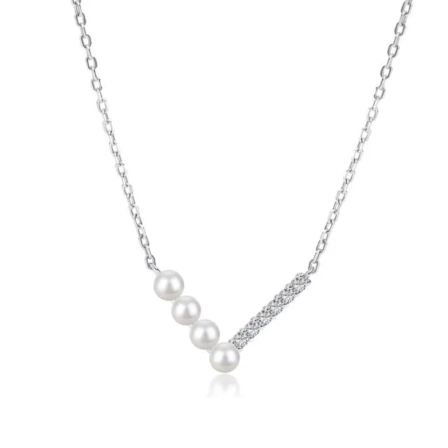 Silver V-shaped Pearl Zircon Necklace French Light Luxury