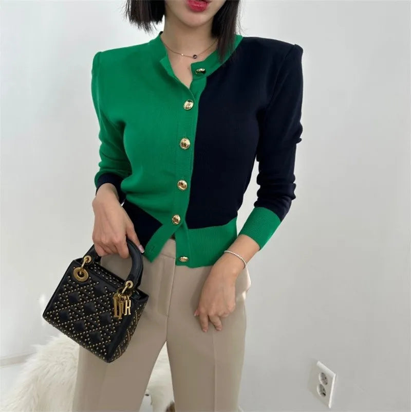 Sweater Women Color-blocked Gold Buttons