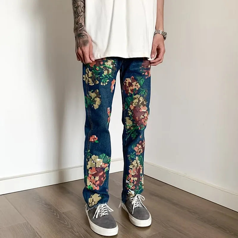 Style hand-painted floral graffiti fringed small straight leg men's trendy jeans