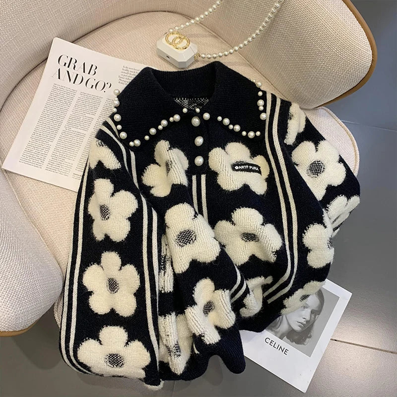 Pearl Beading Floral Knitted Women