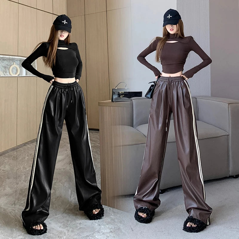 Y2k Drawstring PU Leather Pants