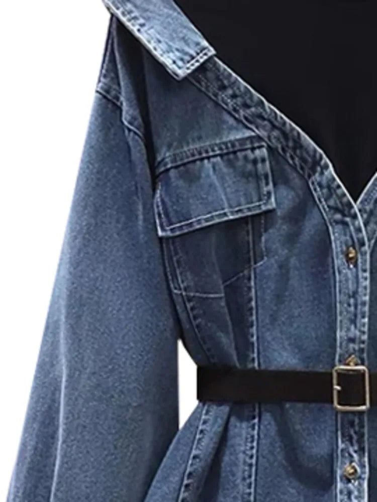 Fashion Women's Fake 2 Pcs Denim Coat Belt Lapel