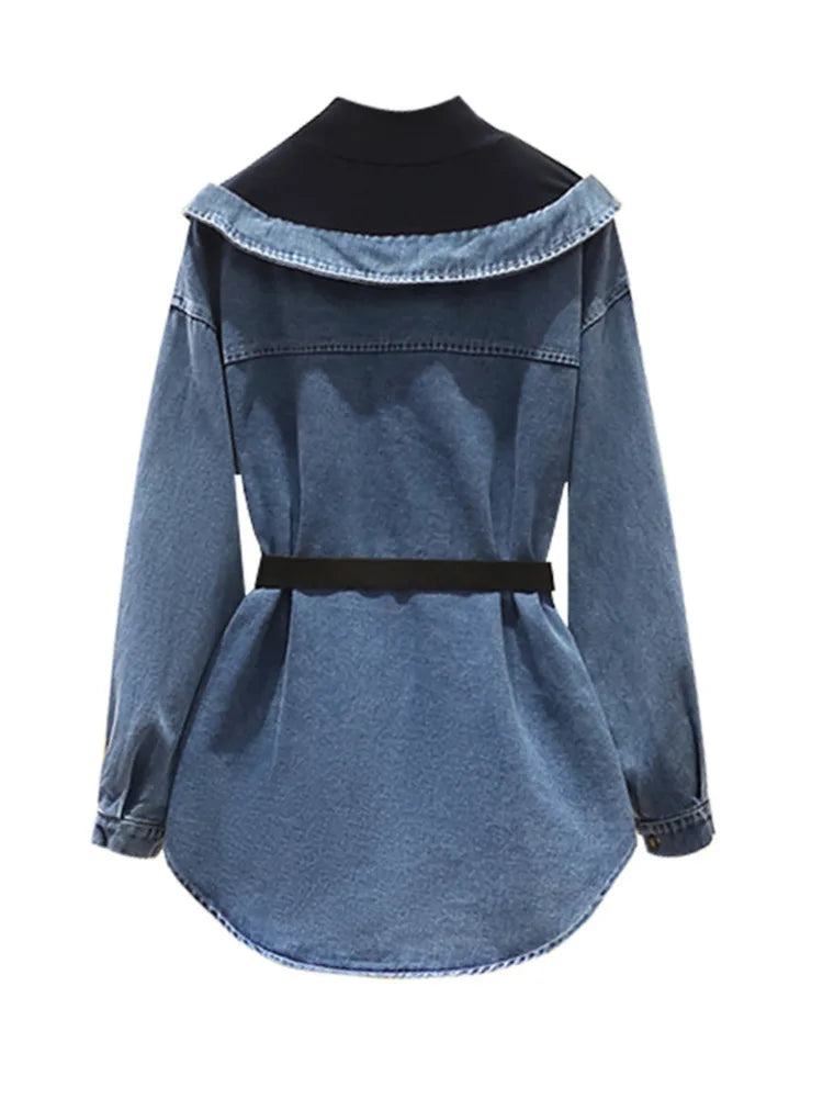 Fashion Women's Fake 2 Pcs Denim Coat Belt Lapel