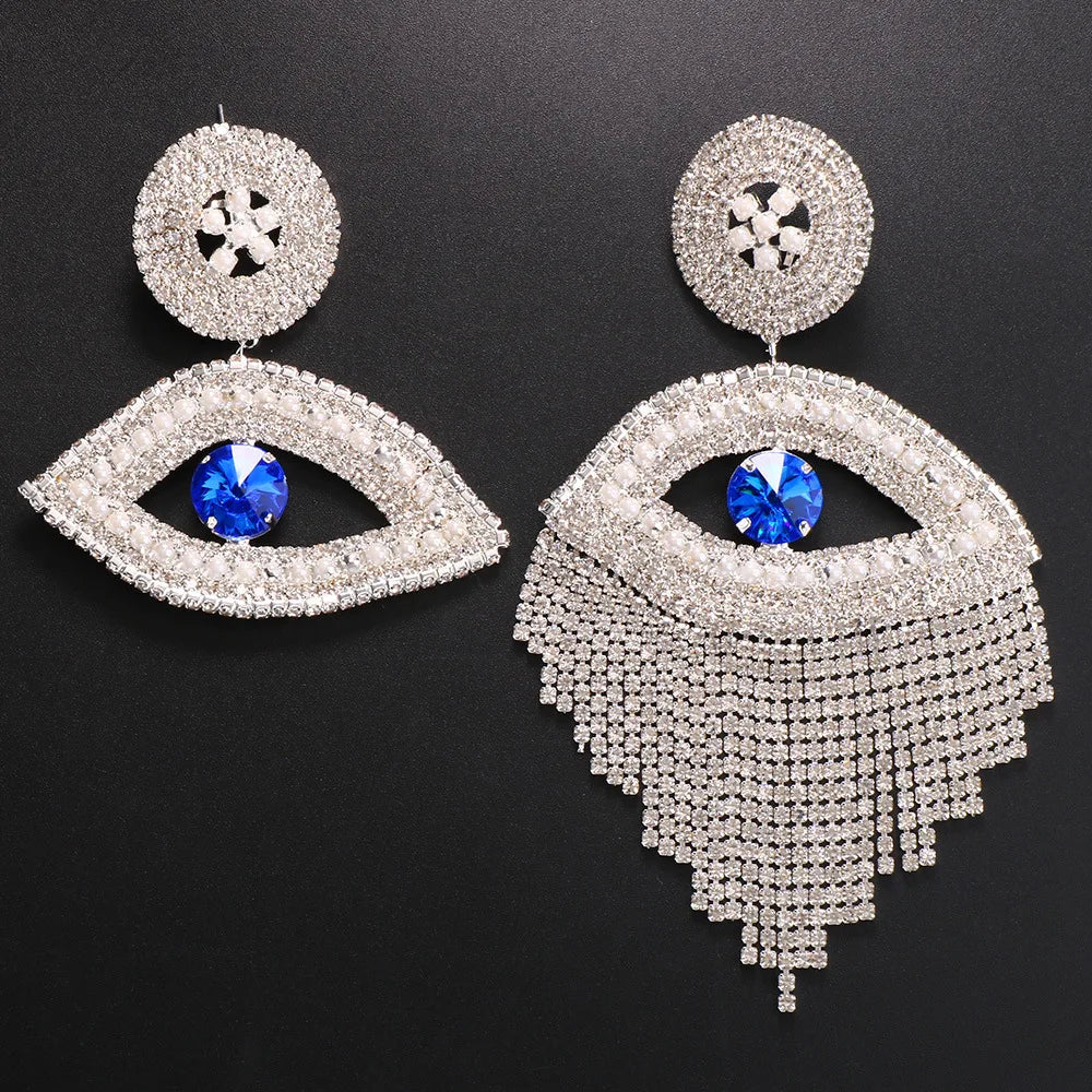 Stonefans Exaggerated Blue Eye Earrings Jewelry Newest Oversize Irregular Evil Eye Rhinestone Tassel Statement Stud Earrings